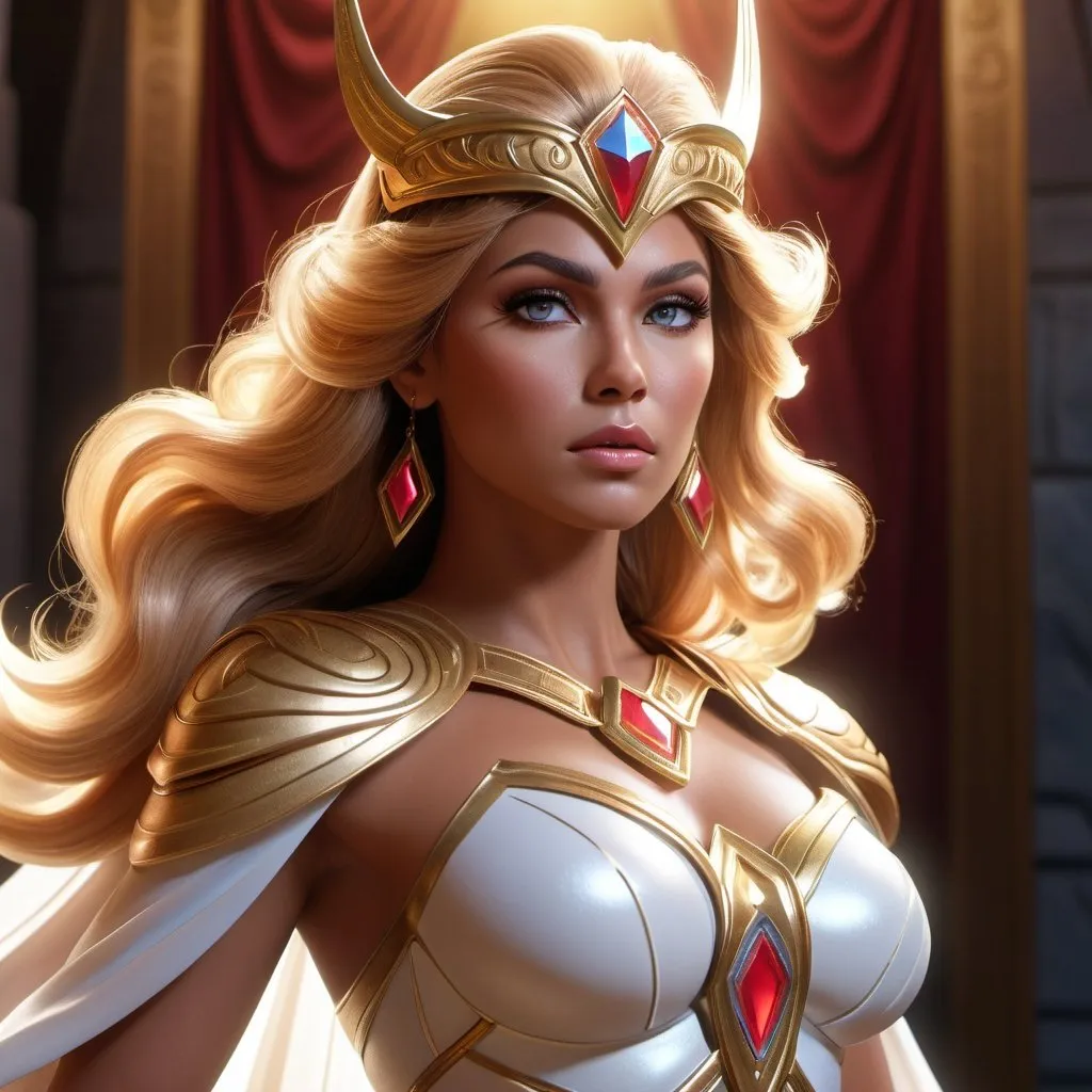 Prompt: HD 4k 3D, hyper realistic, professional modeling, ethereal Princess Adora - She-Ra, beautiful, powerful, fantasy land, detailed, elegant, ethereal, mythical, Greek, goddess, surreal lighting, majestic, goddesslike aura