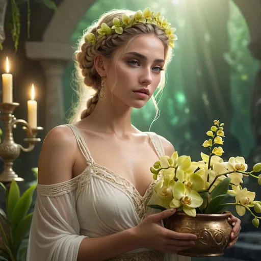 Prompt: HD 4k 3D, 8k, hyper realistic, professional modeling, ethereal Greek Goddess the Blameless, yellow french braided hair, medium skin, gorgeous face, bohemian lace gown, green gemstone jewelry and tiara, holding water pitcher, magical well, green orchids and flowers, surrounded by ambient divine glow, detailed, elegant, ethereal, mythical, Greek, goddess, surreal lighting, majestic, goddesslike aura