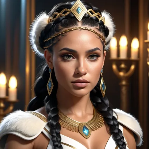Prompt: HD 4k 3D, 8k, hyper realistic, professional modeling, ethereal Greek Goddess and Amazonian Queen, black crown braid hair, tan skin, gorgeous glowing face, Amazonian Warrior fur armor, silver jewelry and tiara, Amazon warrior, tattoos, full body, independent, Atlantis, paradise, surrounded by ambient divine glow, detailed, elegant, mythical, surreal dramatic lighting, majestic, goddesslike aura