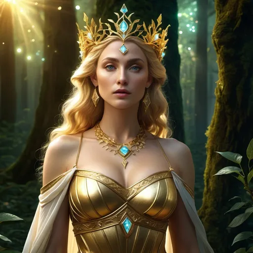 Prompt: HD 4k 3D 8k professional modeling photo hyper realistic beautiful woman golden haired immortal Elf Princess ethereal greek goddess, ancient primordial wise goddess, full body surrounded by ambient glow, covered in stars and gems, enchanted, magical, highly detailed, intricate, highly realistic woman, high fantasy background, Lothlorian forest, elegant, mythical, surreal lighting, majestic, goddesslike aura, Annie Leibovitz style 

