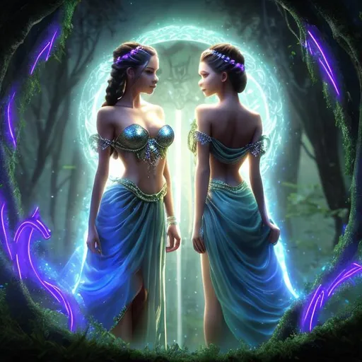 Prompt: HD 4k 3D 8k professional modeling photo hyper realistic two beautiful infernal twin nymphs women ethereal greek goddesses of the underworld
silver braided buns hair light eyes glittery pale skin gorgeous face mystical dress magical jewelry pixie wings carrying torches surrounded by mystical ambient glow hd landscape haunted underworld with sprites and glowing lights magic
