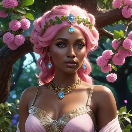 Prompt: HD 4k 3D, 8k, hyper realistic, professional modeling, ethereal Greek Goddess and Laconian Princess, pink hair, black skin, gorgeous glowing face, sorceress gown, diamond and grapevine jewelry and headband, magical seer, Sanctuary of calibrachoa flowers, large walnut tree, surrounded by ambient divinity glow, detailed, elegant, mythical, surreal dramatic lighting, majestic, goddesslike aura