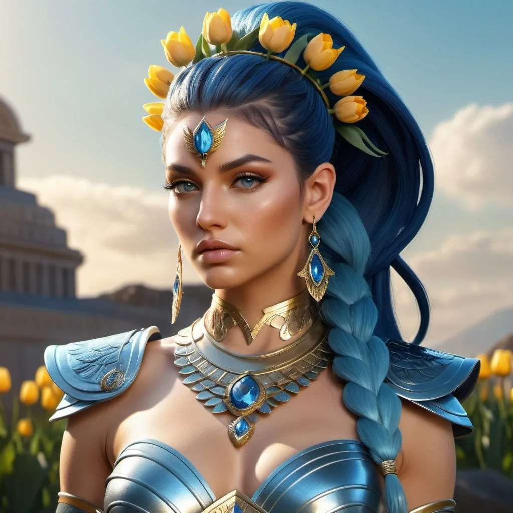 Prompt: HD 4k 3D, 8k, hyper realistic, professional modeling, ethereal Greek Goddess and Amazonian Warrior, blue ponytail hair, beige skin, gorgeous glowing face, Amazonian Warrior armor, alexandrite jewelry and headpiece, Amazon warrior, full body, adorned with tulip flowers, prowess, strength, and force, surrounded by ambient divine glow, detailed, elegant, mythical, surreal dramatic lighting, majestic, goddesslike aura