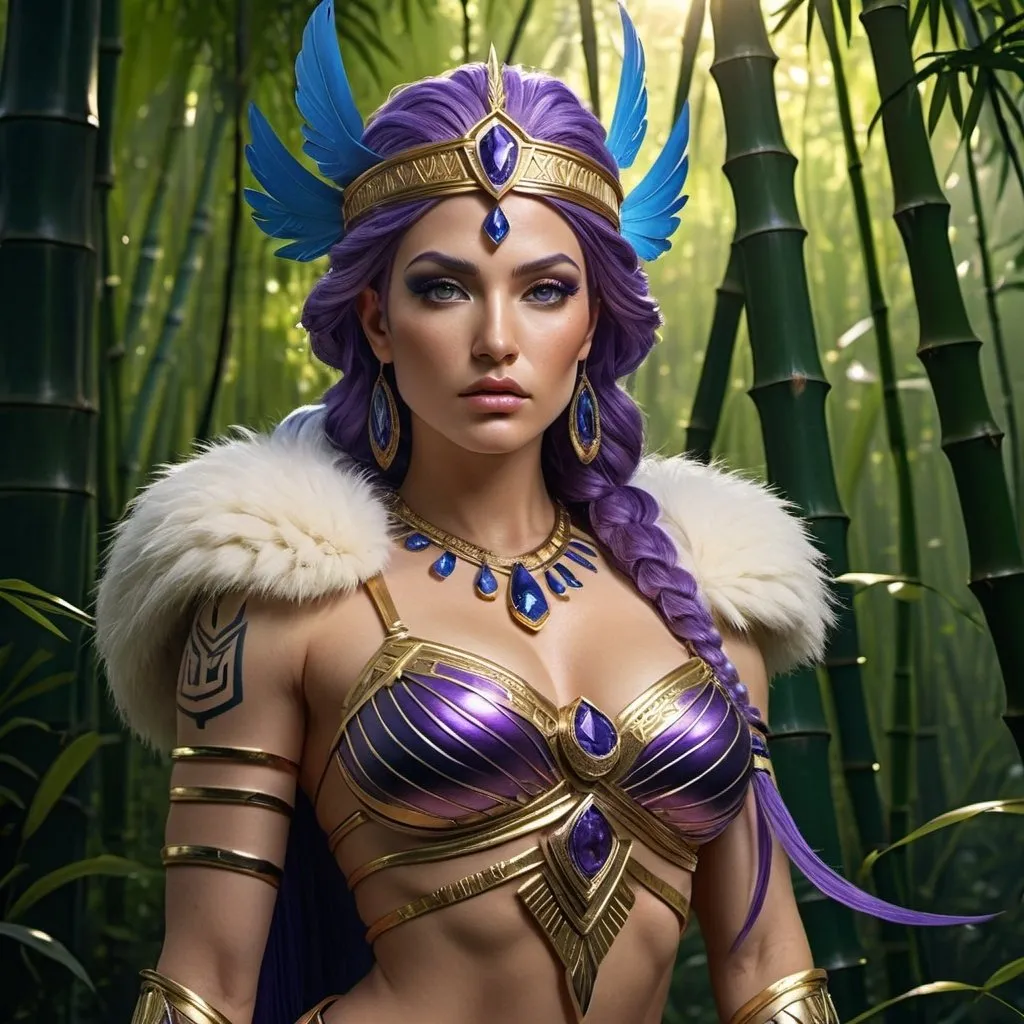 Prompt: HD 4k 3D, 8k, hyper realistic, professional modeling, ethereal Greek Goddess and Amazonian Queen, purple hair, ivory skin, gorgeous glowing face, Amazonian Warrior fur armor, sapphire jewelry and diadem, Amazon warrior, tattoos, full body, hunter, bamboo forest, surrounded by ambient divine glow, detailed, elegant, mythical, surreal dramatic lighting, majestic, goddesslike aura