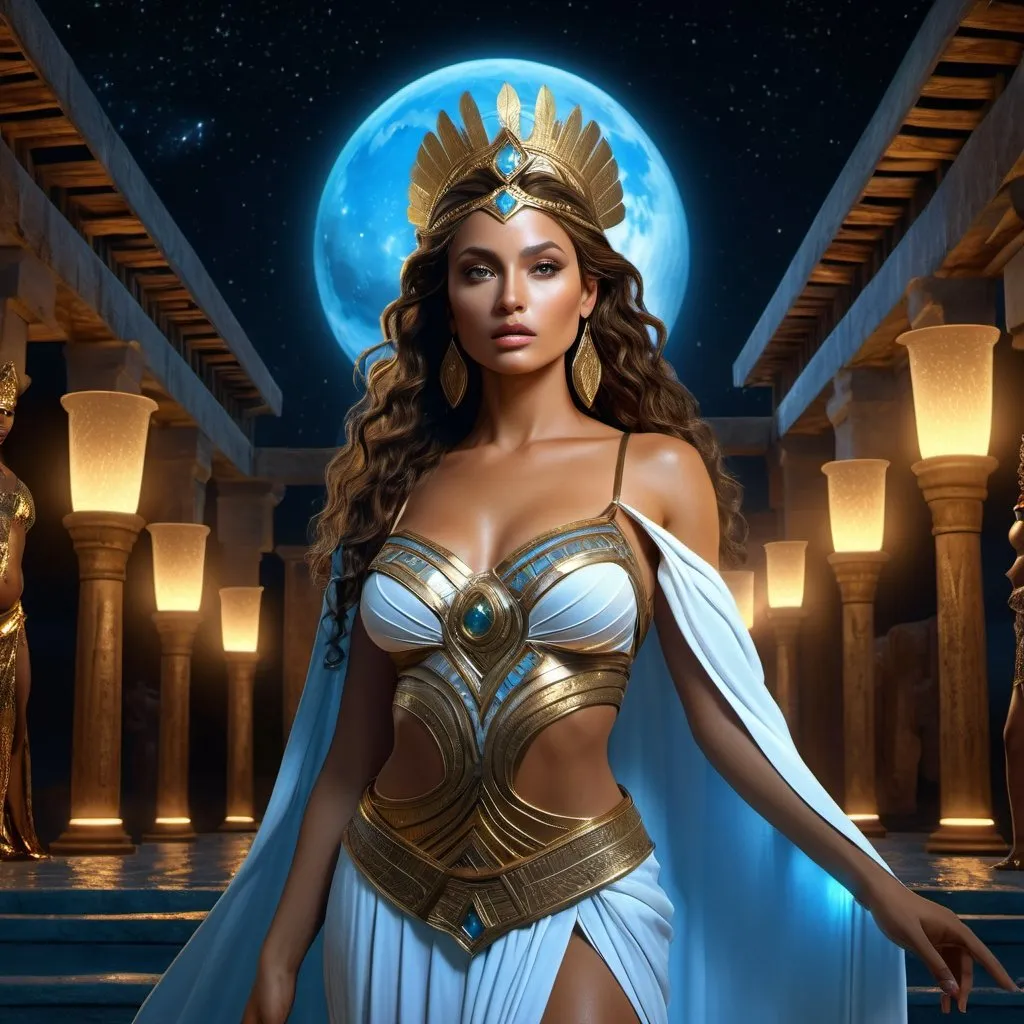 Prompt: HD 4k 3D 8k professional modeling photo hyper realistic beautiful woman enchanted Wachati Princess, ethereal greek goddess, full body surrounded by ambient glow, magical, highly detailed, intricate, African tribal paradise at night, outdoor landscape, highly realistic woman, high fantasy background, elegant, mythical, surreal lighting, majestic, goddesslike aura, Annie Leibovitz style 

