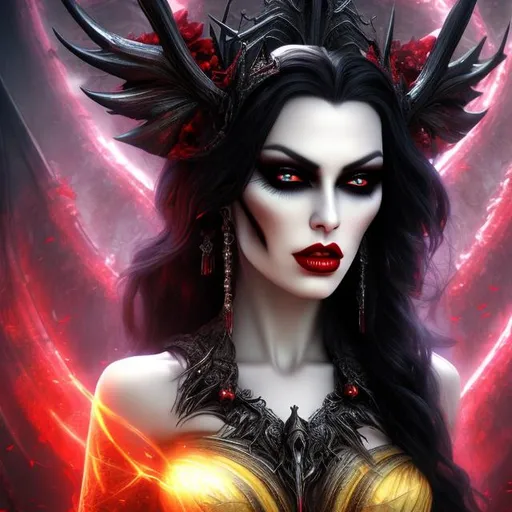 Prompt: HD 4k 3D 8k professional modeling photo hyper realistic evil beautiful demon woman ethereal greek goddess of horror
yellow hair dark eyes gorgeous face dark red lips grecian feathered dress jewelry gothic crown claws full body surrounded by ghostly glow hd landscape background underworld surrounded by gothic horror  ghostly spirits bats crows 
