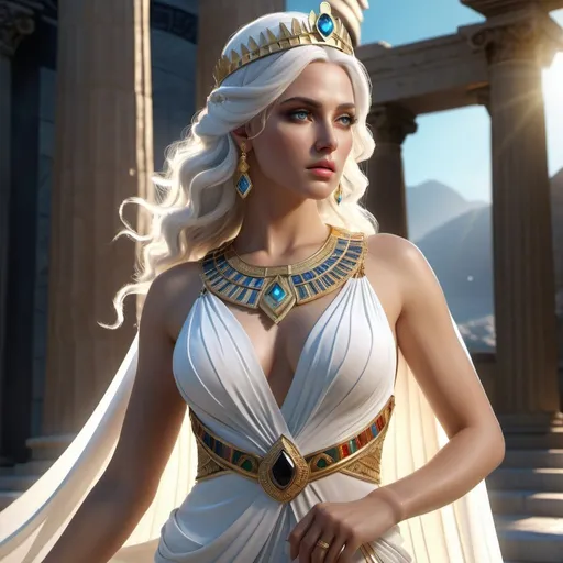 Prompt: HD 4k 3D, 8k, hyper realistic, professional modeling, ethereal Greek Goddess Princess of Sparta, white hair, white skin, gorgeous glowing face, colorful bridal dress, black gemstone jewelry and crown, standing in earthly paradise, surrounded by ambient divinity glow, detailed, elegant, mythical, surreal dramatic lighting, majestic, goddesslike aura