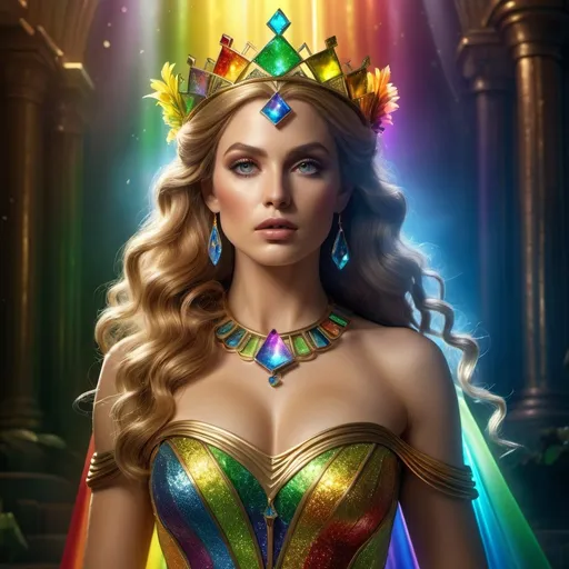 Prompt: HD 4k 3D 8k professional modeling photo hyper realistic beautiful rainbow woman Princess of Oz ethereal greek goddess gorgeous face full body surrounded by ambient glow, enchanted, magical, detailed, highly realistic woman, high fantasy background, immortal enchantress, elegant, mythical, surreal lighting, majestic, goddesslike aura, Annie Leibovitz style 

