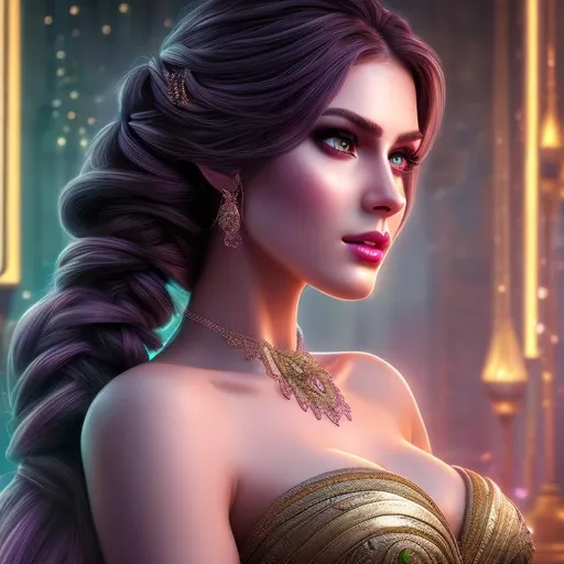 Prompt: HD 4k 3D 8k professional modeling photo hyper realistic beautiful woman ethereal greek goddess of discipline
dark purple hair in braid green eyes gorgeous face fair skin muscular body feminine armor jewelry and diadem full body surrounded by ambient glow hd landscape background she is working in temple
