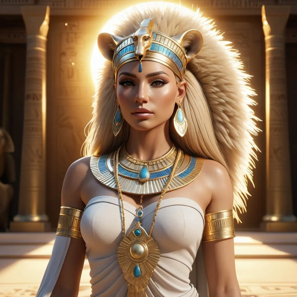 Prompt: HD 4k 3D, 8k, hyper realistic, professional modeling, ethereal Egyptian Goddess style, Lioness goddess, beautiful, glowing white skin, blonde hair, mythical fur clothing and jewelry, headpiece, full body, sunshine, Fantasy setting, surrounded by ambient divine glow, detailed, elegant, surreal dramatic lighting, majestic, goddesslike aura, octane render, artistic and whimsical