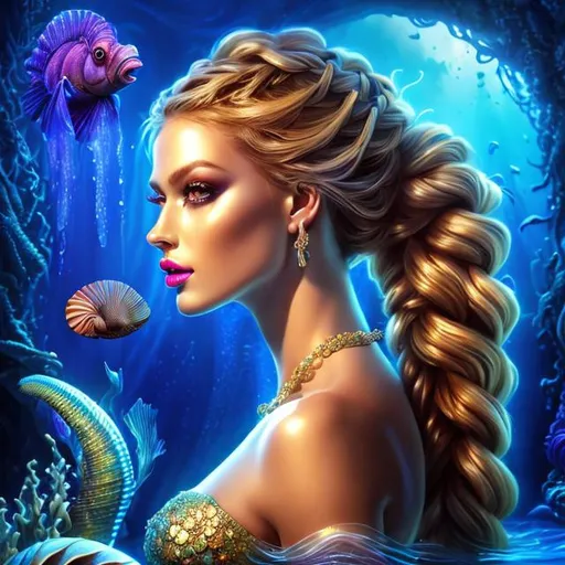 Prompt: HD 4k 3D 8k professional modeling photo hyper realistic beautiful woman ethereal greek goddess sea witch mermaid
gold dutch braided hair dark eyes gorgeous face dark seashell jewelry dark seashell tiara dark mermaid tail full body surrounded by ambient glow hd landscape dark magic underwater abyss sea monsters
