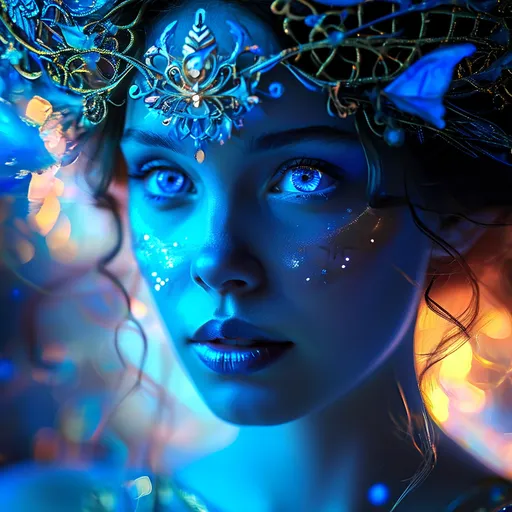 Prompt: Blue Fairy as an Ancient Cosmic Goddess, pre-Raphaelite time-lapse motion blur Abstract* cyber graffiti, High resolution, detailed portrait, Midjourney style, ethereal atmosphere, flowing hair, captivating eyes, cosmic mystical aura, vibrant colors, soft lighting, professional, digital painting, enchanting presence, fantasy, dreamy, female, mystical, detailed hair, captivating gaze, professional lighting, hyper realistic, HD 4k 3D, professional modeling, ethereal, gorgeous face, ambient divine glow, detailed and intricate, elegant, ethereal, mythical, goddess, radiant lighting,