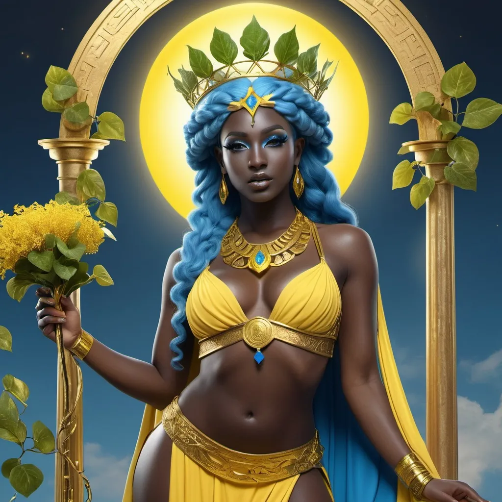 Prompt: HD 4k 3D, hyper realistic, professional modeling, ethereal Greek Muse of Comedy, bright blue hair, black skin, gorgeous face, grecian two piece outfit with boots, canary yellow jewelry and crown of ivy, full body, joyous, holding staff, flourishing vegetation, happy,  detailed, elegant, ethereal, mythical, Greek, goddess, surreal lighting, majestic, goddesslike aura