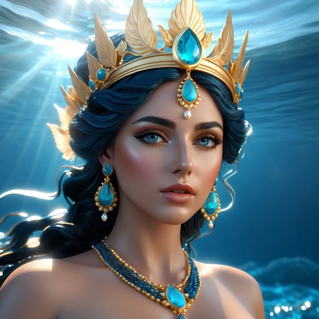 Prompt: Greek Siren/Water-Nymph Achelois 'she who drives away pain' hyper realistic, HD 4k 3D, professional modeling, ethereal, gorgeous face, Ocean and Greek jewelry and headpiece, ambient divine glow, detailed and intricate, elegant, ethereal, mythical, goddess, radiant lighting, majestic, goddesslike aura, she lives in the Ocean