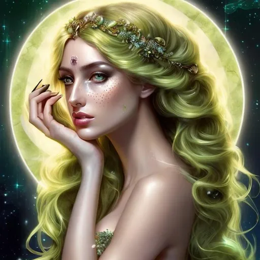 Prompt: HD 4k 3D, hyper realistic, professional modeling, ethereal Greek goddess of cures, yellow and green hair, dark freckled skin, alluring gown, gorgeous face, gemstone jewelry and tiara, full body, ambient glow, potion maker, working in greenhouse with potions, oils, and cures, detailed, elegant, ethereal, mythical, Greek, goddess, surreal lighting, majestic, goddesslike aura