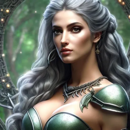 Prompt: HD 4k 3D, hyper realistic, professional modeling, ethereal Greek goddess of trajectory, green twist hair, light skin, gorgeous face, gorgeous silver archer armor,  rustic jewelry and headpiece, full body, ambient glow, archery maiden, nymph, landscape, detailed, elegant, ethereal, mythical, Greek, goddess, surreal lighting, majestic, goddesslike aura