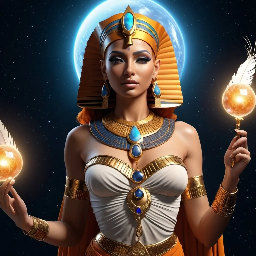 Prompt: HD 4k 3D, 8k, hyper realistic, professional modeling, ethereal Egyptian Goddess of truth, justice, order, Maat, beautiful, glowing medium skin, orange hair, mythical  clothing and jewelry, crown, Cosmos, full body, holding a heart in one hand and a feather in the other, stars, planets, Fantasy setting, surrounded by ambient divine glow, detailed, elegant, surreal dramatic lighting, majestic, goddesslike aura, octane render