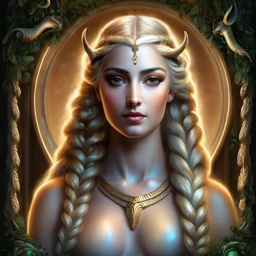 Prompt: HD 4k 3D, hyper realistic, professional modeling, ethereal Greek goddess with goat horns, blonde and green fishtail braids with goat horns, mixed skin, natural gown, gorgeous face, rustic jewelry and goat horns, full body, ambient glow, alluring earth goddess, detailed, elegant, ethereal, mythical, Greek, goddess, surreal lighting, majestic, goddesslike aura