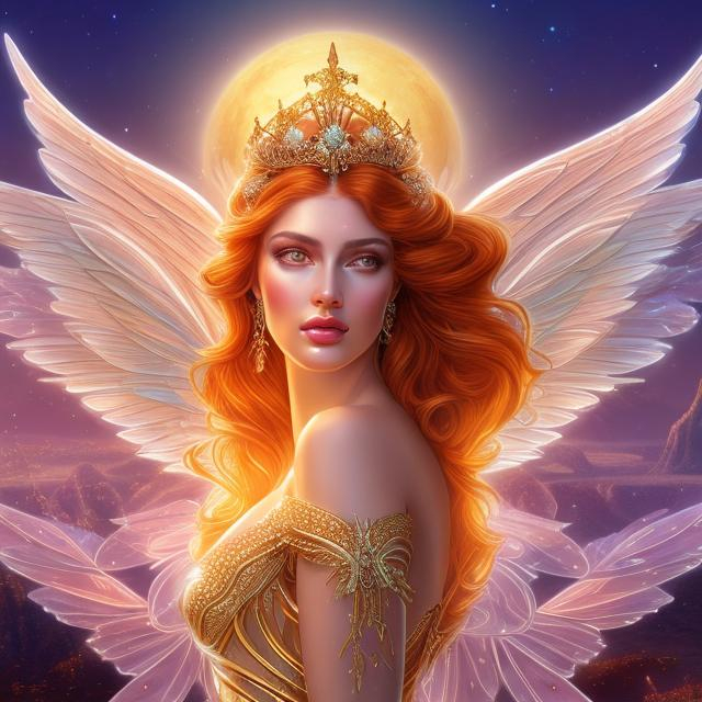 Prompt: HD 4k 3D, hyper realistic, professional modeling, ethereal Greek goddess of brightness, bright red hair, gorgeous face, fair skin, gorgeous bright shiny gown,  jewelry and diadem, fairy wings, full body, ambient glow, cosmic moon and sun bright in background, dazzling light, landscape, detailed, elegant, ethereal, mythical, Greek, goddess, surreal lighting, majestic, goddesslike aura