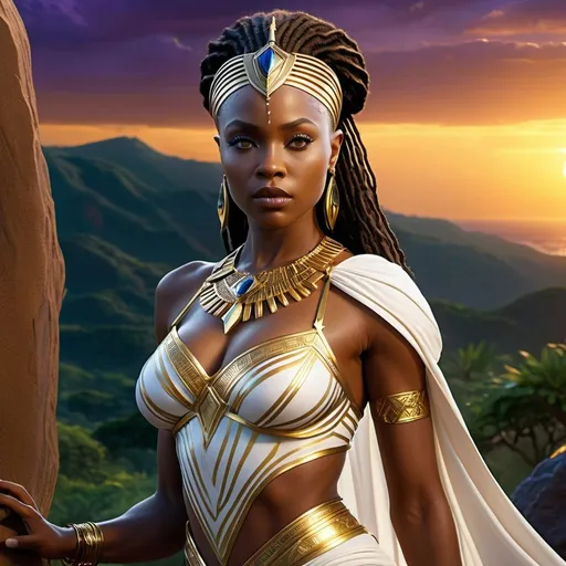 Prompt: HD 4k 3D 8k professional modeling photo hyper realistic beautiful woman enchanted Wakanda Princess, ethereal greek goddess, full body surrounded by ambient glow, magical, highly detailed, intricate, lush african paradise at twilight, outdoor landscape, highly realistic woman, high fantasy background, elegant, mythical, surreal lighting, majestic, goddesslike aura, Annie Leibovitz style 

