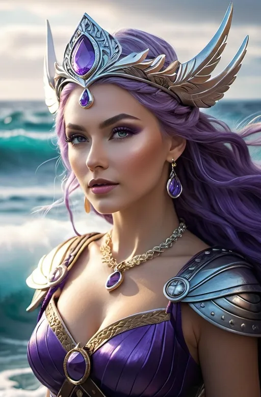 Prompt: Nahalennia Norse Goddess of the Sea, hyper realistic, HD 4k 3D, professional modeling, ethereal, bright purple bun hair, white skin, gorgeous face, gorgeous jewelry and diadem of seashells, powerful Ocean Valkyrie on a Viking Ship, loyal dog at her side, crashing waves, ambient divine glow, detailed and intricate, elegant, ethereal, mythical, goddess, radiant lighting, majestic, goddesslike aura, Norse Viking Mythology