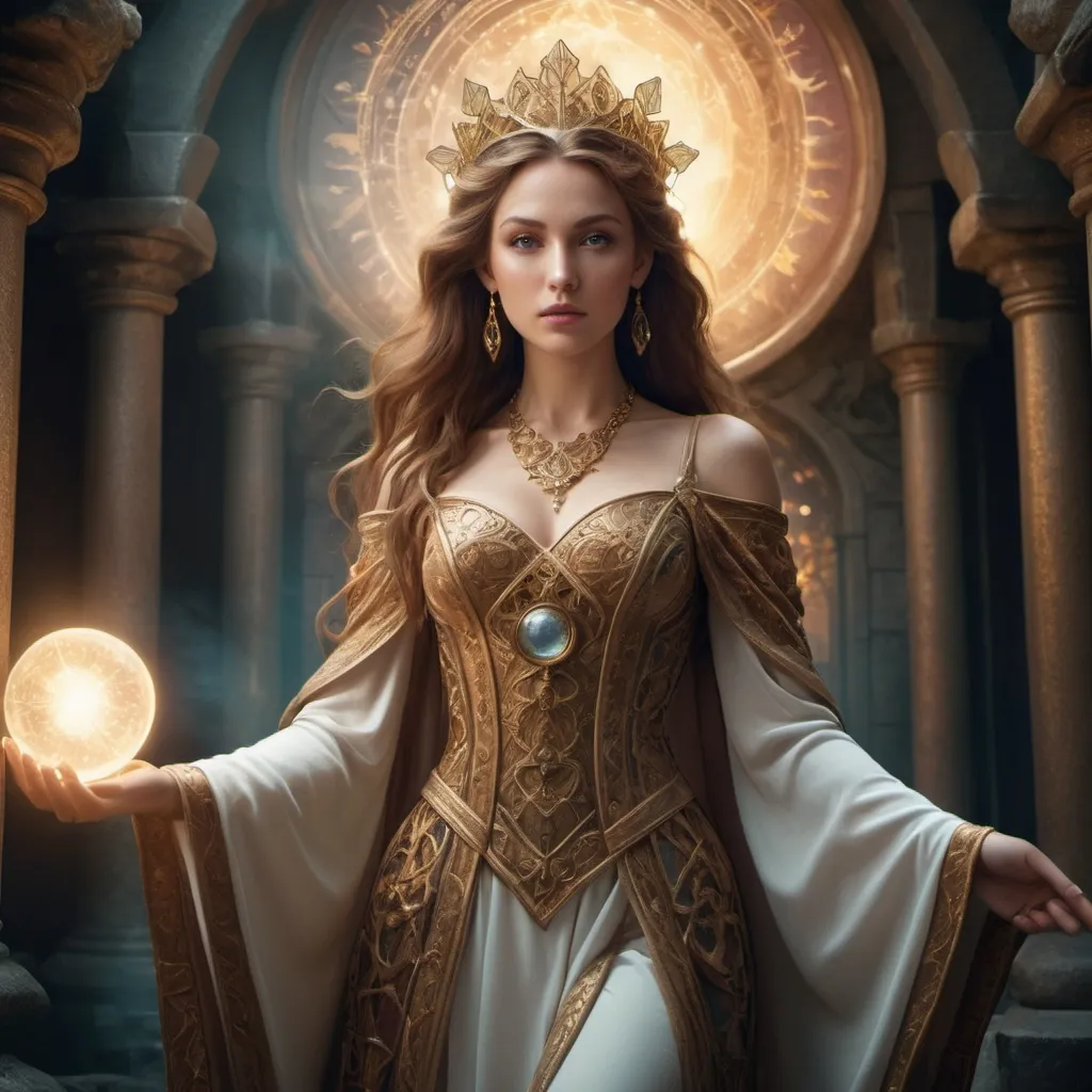 Prompt: tarot card Anime illustration, detailed ornate cloth robe, dramatic lighting, HD 4k 3D 8k professional modeling photo hyper realistic beautiful woman enchanted, Oz Sorceress Princess Harmony, Harmony has brown eyes and hair like her father, magical ability allows them to create or enable anything they envision while playing music, full body surrounded by ambient glow, magical, highly detailed, intricate, outdoor  landscape, high fantasy background, elegant, mythical, surreal lighting, majestic, goddesslike aura, Annie Leibovitz style 