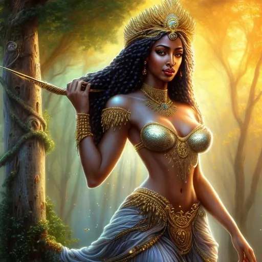 Prompt: HD 4k 3D, hyper realistic, professional modeling, ethereal  lovely Greek goddess of trees, gold bubble braid hair, brown skin, gorgeous face, gorgeous tree priestess dress, tree jewelry and priestess diadem, full body, ambient glow, tree nymph, landscape, detailed, elegant, ethereal, mythical, Greek, goddess, surreal lighting, majestic, goddesslike aura