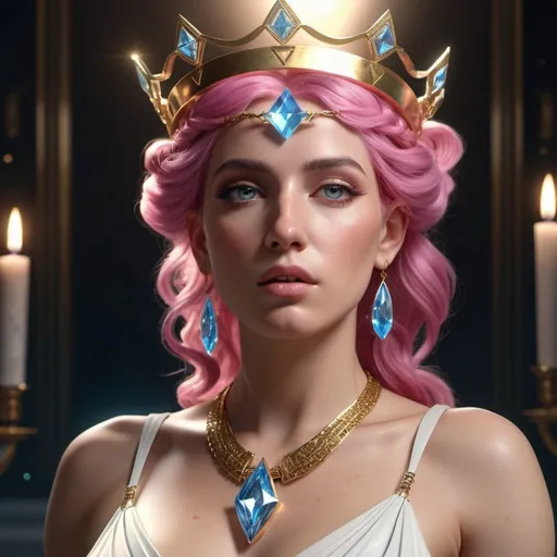 Prompt: HD 4k 3D, 8k, hyper realistic, professional modeling, ethereal Greek Goddess Caeneus, pink hair, fair skin, gorgeous glowing face, androgynous outfit, diamond gemstone jewelry and crown, heroine, powerful, surrounded by ambient divinity glow, detailed, elegant, mythical, surreal dramatic lighting, majestic, goddesslike aura