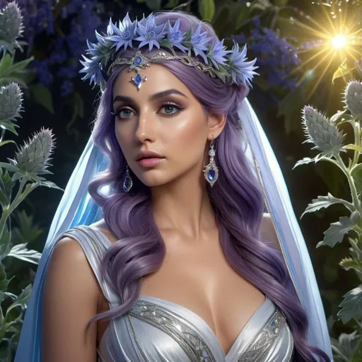 Prompt: HD 4k 3D, 8k, hyper realistic, professional modeling, ethereal Greek Goddess and first woman Pandora, purple half up twist hair, olive skin, gorgeous glowing face, silvery gown, embroidered veil, blue jewelry and garland and silver headband, wild and lush vegetation, pandora's box, sea holly flowers, surrounded by ambient divinity glow, detailed, elegant, mythical, surreal dramatic lighting, majestic, goddesslike aura