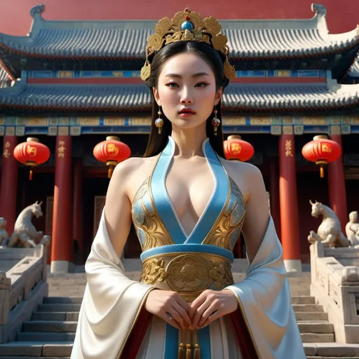 Prompt: HD 4k 3D 8k professional modeling photo hyper realistic beautiful woman Imperial Chinese Princess ethereal greek goddess gorgeous face full body surrounded by ambient glow, enchanted, magical, detailed, highly realistic woman, high fantasy background, Forbidden City courtyard China, elegant, mythical, surreal lighting, majestic, goddesslike aura, Annie Leibovitz style 

