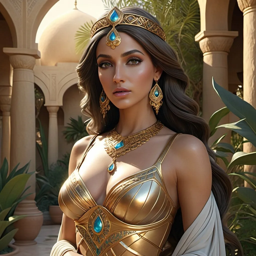 Prompt: HD 4k 3D, hyper realistic, professional modeling, enchanted Arabian goddess mythology Princess, beautiful, magical, detailed, highly realistic woman, high fantasy Middle East oasis garden landscape, elegant, ethereal, mythical, Greek goddess, surreal lighting, majestic, goddesslike aura, Annie Leibovitz style 