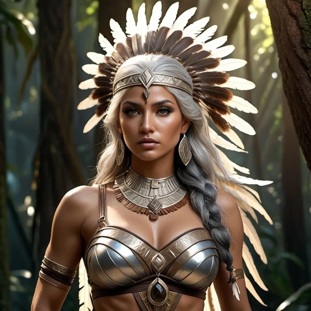 Prompt: HD 4k 3D, 8k, hyper realistic, professional modeling, ethereal Greek Goddess and Amazonian Warrior, silver hair, olive skin, gorgeous glowing face, Amazonian Warrior armor, brown bronzite jewelry and diadem, Amazon warrior, tattoos, full body, wild forest, adorned with brown feathers, agile and athletic, surrounded by ambient divine glow, detailed, elegant, mythical, surreal dramatic lighting, majestic, goddesslike aura