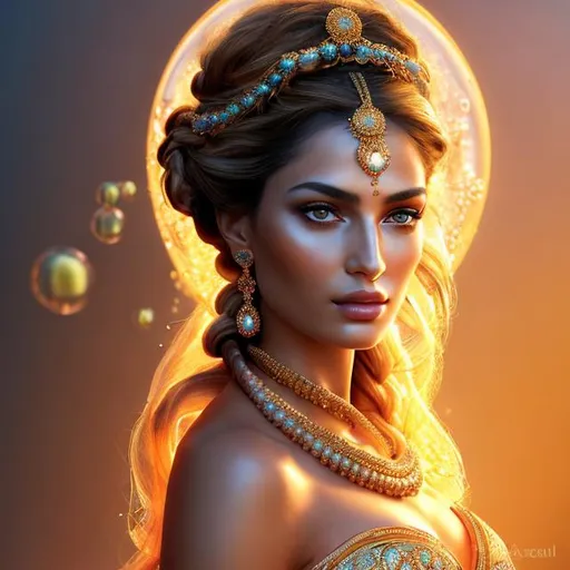 Prompt: HD 4k 3D, hyper realistic, professional modeling, ethereal Greek goddess of health, orange bubble braided hair, olive skin, gorgeous face, gorgeous radiant gown, dazzling jewelry and crown, full body, ambient glow, health goddess, ancient spa landscape, detailed, elegant, ethereal, mythical, Greek, goddess, surreal lighting, majestic, goddesslike aura