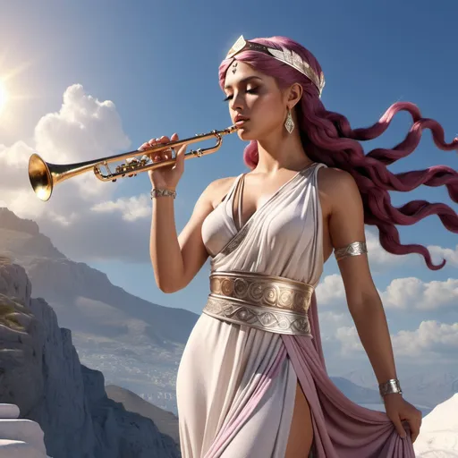 Prompt: HD 4k 3D, hyper realistic, professional modeling, ethereal Greek Muse of Musical Poetry, flowing dark pink hair, tan skin, gorgeous face, grecian flowing tunic, silver jewelry and silver headband, full body, delightful, music, playing flute, on mount olympus, detailed, elegant, ethereal, mythical, Greek, goddess, surreal lighting, majestic, goddesslike aura