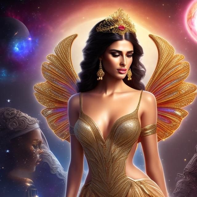 Prompt: HD 4k 3D 8k professional modeling photo hyper realistic beautiful woman ethereal greek goddess fairy of the dawn
black hair gorgeous face dark skin gold gown with roses gold shining jewelry gold shining diadem fairy wings full body surrounded by ambient rosy glow of the sun hd landscape magic cosmic sky changing from night to dawn 

