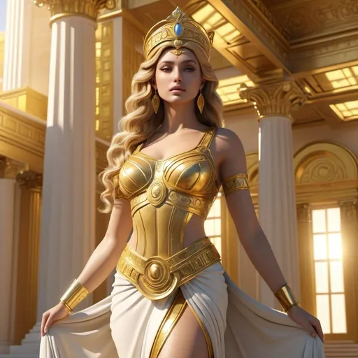 Prompt: HD 4k 3D, hyper realistic, professional modeling, enchanted Greek Princess - golden, beautiful, magical, gorgeous gold palace and riches, detailed, elegant, ethereal, mythical, Greek goddess, surreal lighting, majestic, goddesslike aura