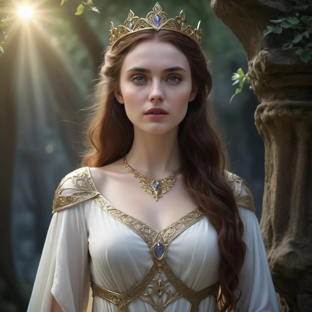 Prompt: HD 4k 3D, hyper realistic, professional modeling, enchanted British Princess - Morgana Pendragon, maiden, beautiful, magical, Arthurian Legend, high fantasy background, detailed, highly realistic woman, elegant, ethereal, mythical, Greek goddess, surreal lighting, majestic, goddesslike aura