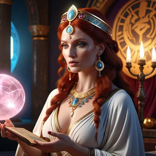 Prompt: HD 4k 3D, 8k, hyper realistic, professional modeling, ethereal Greek Goddess Prophetess Cassandra, red hair, ivory skin, gorgeous glowing face, colorful robes, pink gemstone jewelry and headpiece, soothsayer, crystal ball and tarot, surrounded by ambient divinity glow, detailed, elegant, mythical, surreal dramatic lighting, majestic, goddesslike aura
