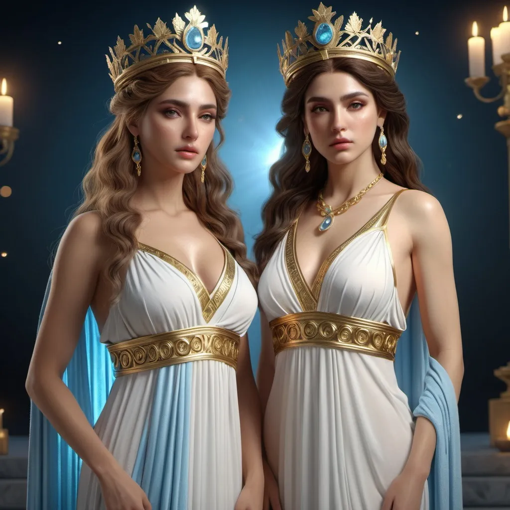 Prompt: HD 4k 3D, hyper realistic, professional modeling, ethereal Greek twin sister Goddesses, , gorgeous face, Greek dresses,  jewelry and crowns, full body, one is the goddess and embodiment of winter, the other is the embodiment and goddess of summer, detailed, elegant, ethereal, mythical, Greek, goddess, surreal lighting, majestic, goddesslike aura