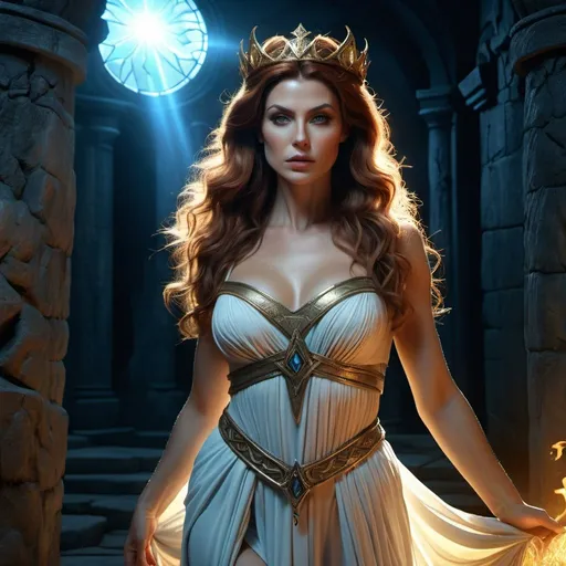 Prompt: HD 4k 3D 8k professional modeling photo hyper realistic beautiful woman enchanted evil Princess Regan, ethereal greek goddess, full body surrounded by ambient glow, magical, highly detailed, intricate, manipulative, villain, dungeon, witch, outdoor landscape, high fantasy background, elegant, mythical, surreal lighting, majestic, goddesslike aura, Annie Leibovitz style 

