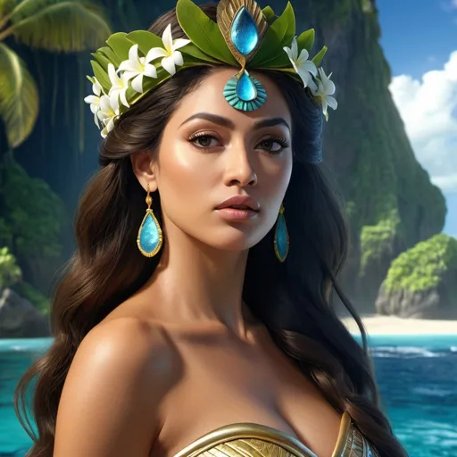 Prompt: HD 4k 3D, hyper realistic, professional modeling, enchanted Polynesian mythology Princess, beautiful, magical, detailed, highly realistic woman, high fantasy background, tropical polynesia island and ocean, elegant, ethereal, mythical, Greek goddess, surreal lighting, majestic, goddesslike aura, Annie Leibovitz style 