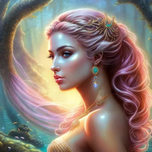 Prompt: HD 4k 3D, hyper realistic, professional modeling, ethereal Greek goddess of fresh water, pink hair, brown skin, gorgeous face, gorgeous mermaid, freshwater jewelry and laurel headpiece, full body, ambient glow, streams and brooks with laurel trees, mermaid, landscape, detailed, elegant, ethereal, mythical, Greek, goddess, surreal lighting, majestic, goddesslike aura