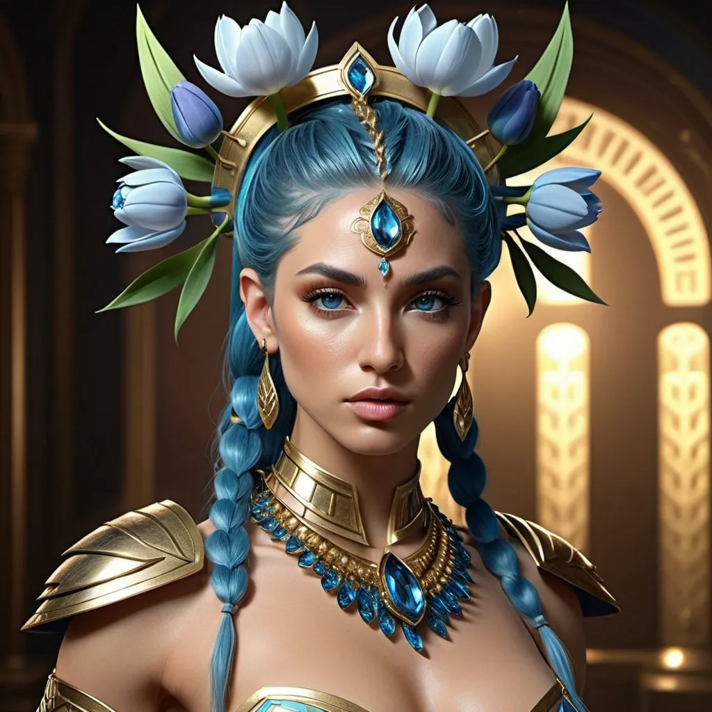 Prompt: HD 4k 3D, 8k, hyper realistic, professional modeling, ethereal Greek Goddess and Amazonian Warrior, blue ponytail hair, beige skin, gorgeous glowing face, Amazonian Warrior armor, alexandrite jewelry and headpiece, Amazon warrior, full body, adorned with tulip flowers, prowess, strength, and force, surrounded by ambient divine glow, detailed, elegant, mythical, surreal dramatic lighting, majestic, goddesslike aura