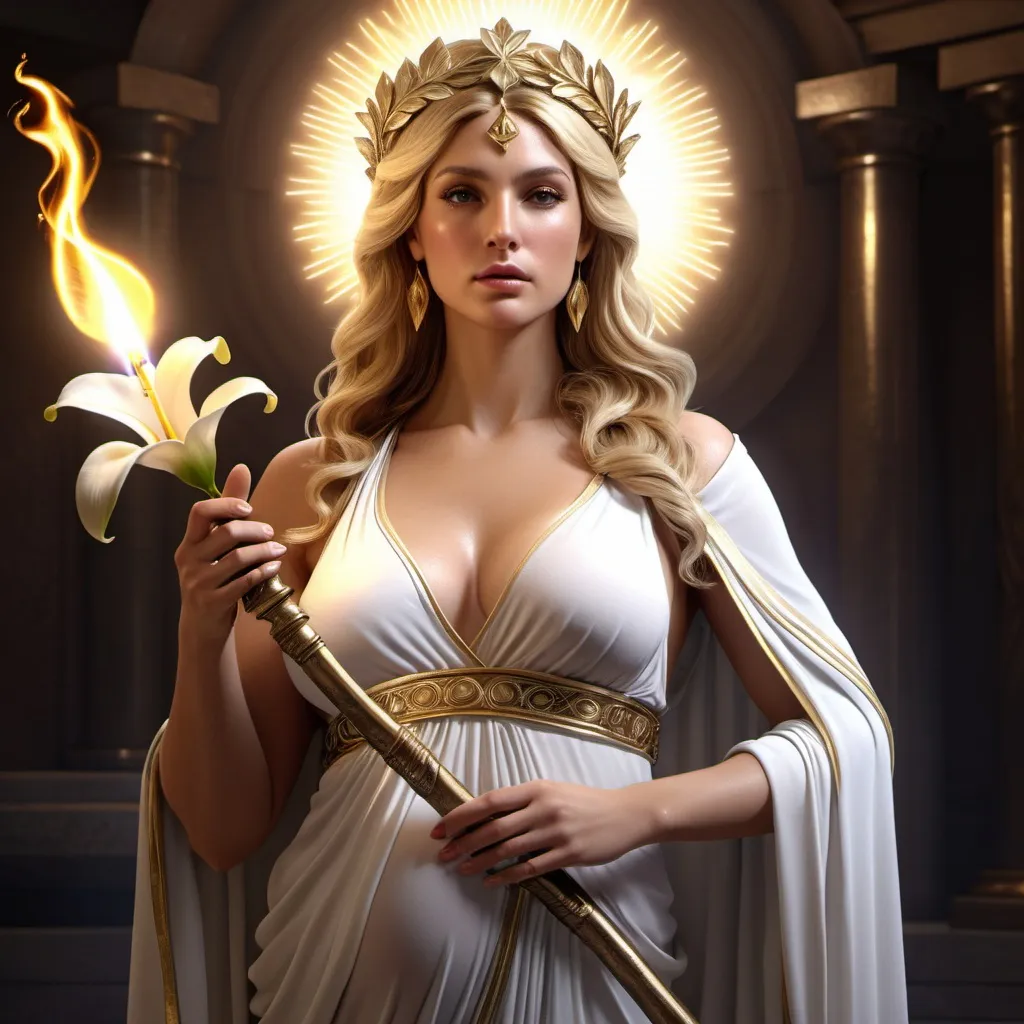 Prompt: HD 4k 3D, hyper realistic, professional modeling, ethereal Greek Goddess of childbirth, light blonde hair, brown skin, gorgeous face,  grecian robes, amethyst jewelry and diadem, holding a torch and baby, full body, midwife, peace lilies, caring, healing, detailed, elegant, ethereal, mythical, Greek, goddess, surreal lighting, majestic, goddesslike aura