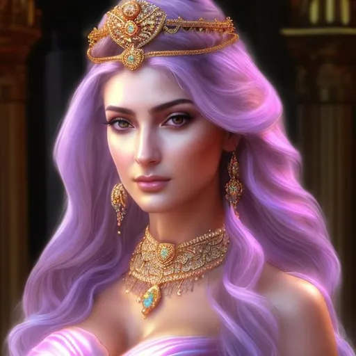 Prompt: HD 4k 3D, hyper realistic, professional modeling, ethereal Greek goddess of banquets, pink ombre hair, mixed skin, embroidered robes, gorgeous face, regal jewelry and diadem, full body, ambient glow, goddess at royal banquet, scales of justice, detailed, elegant, ethereal, mythical, Greek, goddess, surreal lighting, majestic, goddesslike aura