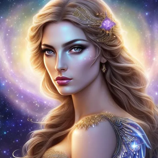 Prompt: HD 4k 3D, hyper realistic, professional modeling, ethereal Greek goddess of the stars, shiny purple hair, dark freckled skin, gorgeous face, gorgeous dark starry dress, dark starry jewelry and crown of stars, fairy wings, full body, ambient starlight glow, overlooking mountain, dazzling light, landscape, detailed, elegant, ethereal, mythical, Greek, goddess, surreal lighting, majestic, goddesslike aura