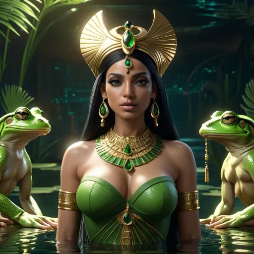 Prompt: HD 4k 3D, 8k, hyper realistic, professional modeling, ethereal Egyptian Frog Goddess Heqet, beautiful, glowing mixed skin, black hair, mythical green clothing and jewelry, headpiece, frog goddess, full body, surrounded by frogs in a pond, Fantasy setting, surrounded by ambient divine glow, detailed, elegant, surreal dramatic lighting, majestic, goddesslike aura, octane render