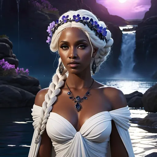 Prompt: HD 4k 3D, 8k, hyper realistic, professional modeling, ethereal Greek Goddess and Sorceress, white hair bubble braid, dark skin, gorgeous glowing face, beautiful gown, black jewelry and headpiece, River, viola flowers, magical twilight, surrounded by ambient divinity glow, detailed, elegant, mythical, surreal dramatic lighting, majestic, goddesslike aura