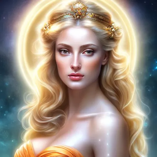 Prompt: HD 4k 3D, hyper realistic, professional modeling, ethereal Greek goddess of soothing, orange and blonde hair, mixed skin, gorgeous face, jewelry and headpiece, full body, ambient glow, calm goddess, luxurious bubble bath, bath house spa landscape, detailed, elegant, ethereal, mythical, Greek, goddess, surreal lighting, majestic, goddesslike aura