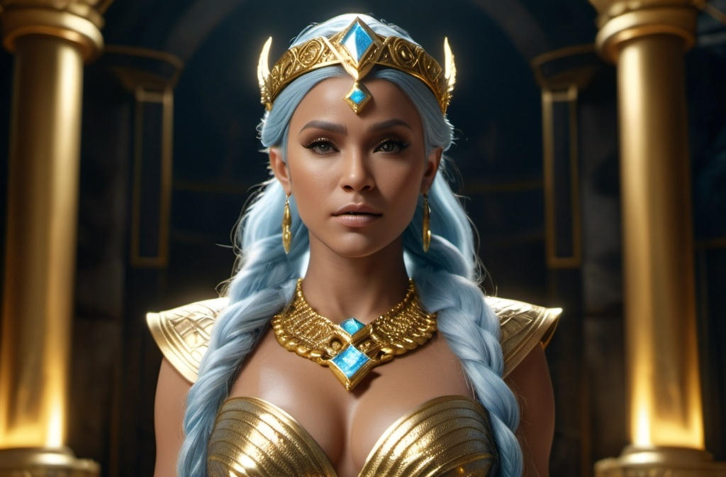 Prompt: Gullveig Norse Goddess of Gold,  hyper realistic, HD 4k 3D, professional modeling, ethereal, light blue updo hair, light brown skin, gorgeous face, gorgeous gold jewelry and headband, full body, in a chamber of gold, ambient glow, detailed, elegant, ethereal, mythical, goddess, moody lighting, majestic, goddesslike aura, Norse Mythology